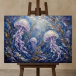 Panoramic Kelp Jellyfish Wall Art Canvas Print displayed on a studio easel