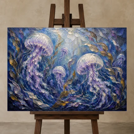 Panoramic Kelp Jellyfish Wall Art Canvas Print displayed on a studio easel