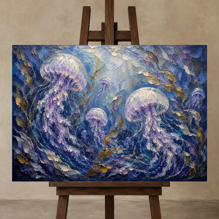 Panoramic Kelp Jellyfish Wall Art Canvas Print displayed on a studio easel