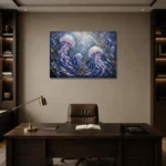 Panoramic Kelp Jellyfish Wall Art Canvas Print displayed in a contemporary gallery-inspired room