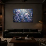 Panoramic Kelp Jellyfish Wall Art Canvas Print shown in a warm modern interior
