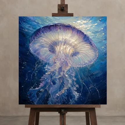 Radiant Jellyfish Underwater Wall Art Canvas Print displayed on a studio easel