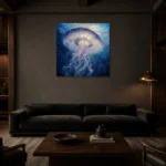 Radiant Jellyfish Underwater Wall Art Canvas Print shown in a warm modern interior