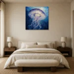 Radiant Jellyfish Underwater Wall Art Canvas Print showcased in an elegant minimalist interior