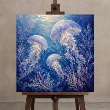 Ethereal Trio Jellyfish Wall Art Canvas Print shown in Studio Easel
