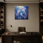 Ethereal Trio Jellyfish Wall Art Canvas Print displayed in a contemporary gallery-inspired room