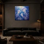 Ethereal Trio Jellyfish Wall Art Canvas Print shown in a warm modern interior