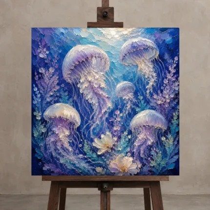 Floating Blossom Jellyfish Wall Art Canvas Print shown in Studio Easel