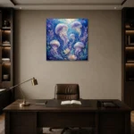 Floating Blossom Jellyfish Wall Art Canvas Print displayed in a contemporary gallery-inspired room