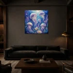 Floating Blossom Jellyfish Wall Art Canvas Print shown in a warm modern interior
