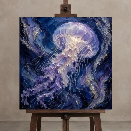Midnight Glow Jellyfish Wall Art Canvas Print displayed on a studio easel