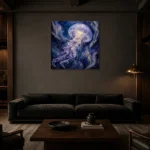Midnight Glow Jellyfish Wall Art Canvas Print shown in a warm modern interior