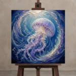 Circular Current Jellyfish Wall Art Canvas Print displayed on a studio easel