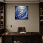 Circular Current Jellyfish Wall Art Canvas Print displayed in a contemporary gallery-inspired room