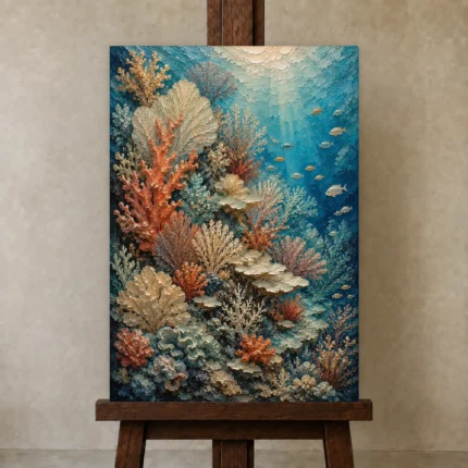 Warm Coral Underwater Garden Canvas Print shown in Studio Easel