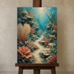 Vibrant Coral Reef Pathway Canvas Print displayed on a studio easel