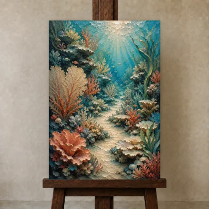 Vibrant Coral Reef Pathway Canvas Print shown in Studio Easel