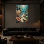 Vibrant Coral Reef Pathway Canvas Print shown in a warm modern interior