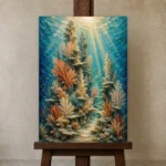 Luminous Coral Towers Canvas Print displayed on a studio easel