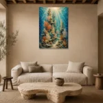 Luminous Coral Towers Canvas Print presented in a sophisticated home setting