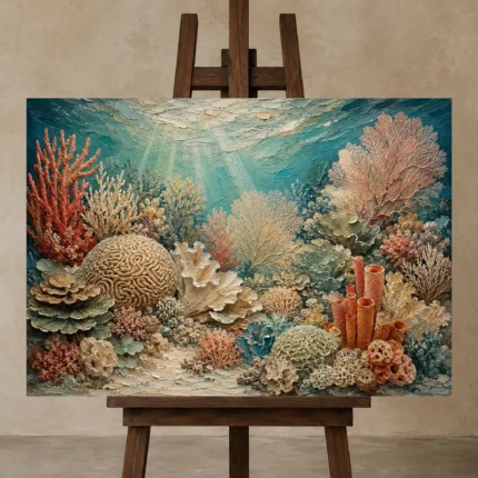 Warm Coral Reef Ecosystem Canvas Print displayed on a studio easel