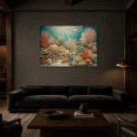 Warm Coral Reef Ecosystem Canvas Print shown in a warm modern interior