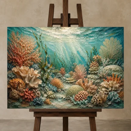 Elegant Coral Colony Tapestry Canvas Print shown in Studio Easel