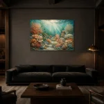 Elegant Coral Colony Tapestry Canvas Print shown in a warm modern interior