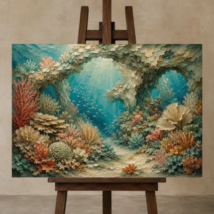 Serene Coral Sanctuary Canvas Print displayed on a studio easel