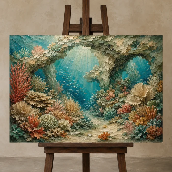 Serene Coral Sanctuary Canvas Print displayed on a studio easel