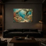 Serene Coral Sanctuary Canvas Print shown in a warm modern interior