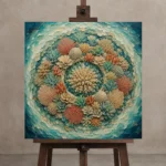 Circular Coral Reef Mandala Canvas Print displayed on a studio easel