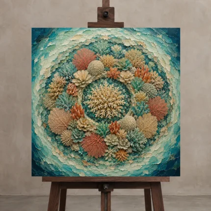 Circular Coral Reef Mandala Canvas Print shown in Studio Easel