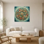 Circular Coral Reef Mandala Canvas Print styled in a refined neutral interior