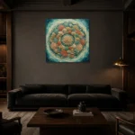 Circular Coral Reef Mandala Canvas Print shown in a warm modern interior