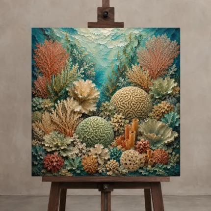 Layered Coral Garden Canvas Print displayed on a studio easel