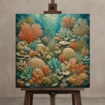 Intricate Coral Patchwork Canvas Print displayed on a studio easel