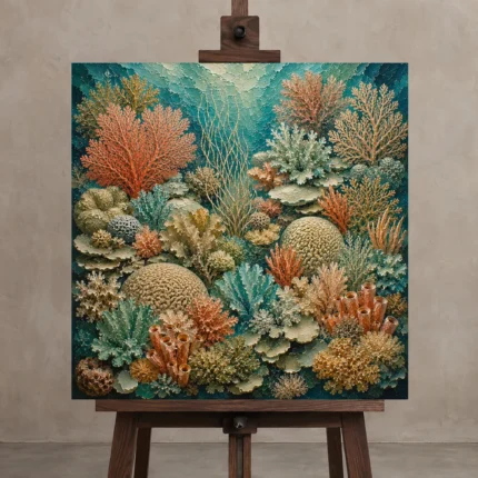 Intricate Coral Patchwork Canvas Print shown in Studio Easel