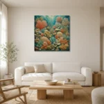 Intricate Coral Patchwork Canvas Print styled in a refined neutral interior