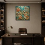 Intricate Coral Patchwork Canvas Print displayed in a contemporary gallery-inspired room