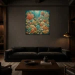 Intricate Coral Patchwork Canvas Print shown in a warm modern interior
