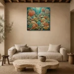 Intricate Coral Patchwork Canvas Print presented in a sophisticated home setting