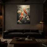 Graceful Koi Fish Canvas Print shown in a warm modern interior