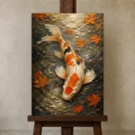 Serene Ivory and Orange Koi Fish Wall Art Canvas Print displayed on a studio easel