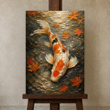 Serene Ivory and Orange Koi Fish Wall Art Canvas Print shown in Studio Easel