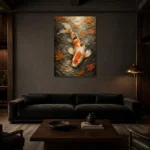 Serene Ivory and Orange Koi Fish Wall Art Canvas Print shown in a warm modern interior