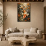 Serene Ivory and Orange Koi Fish Wall Art Canvas Print presented in a sophisticated home setting