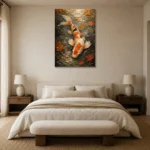 Serene Ivory and Orange Koi Fish Wall Art Canvas Print showcased in an elegant minimalist interior