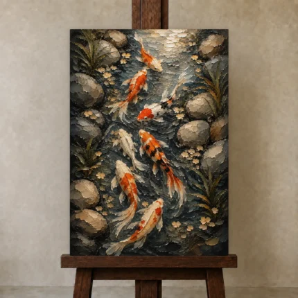 Elegant Koi Stream Wall Art Canvas Print shown in Studio Easel