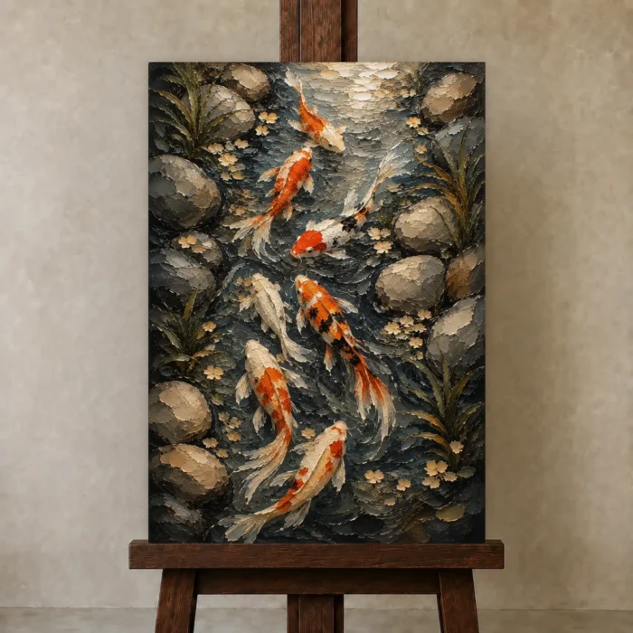Elegant Koi Stream Wall Art Canvas Print displayed on a studio easel